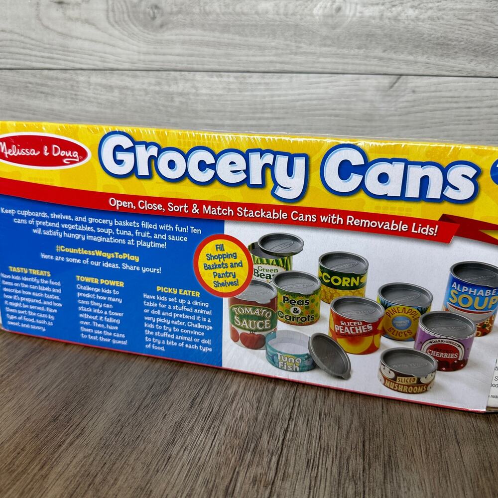 Melissa & Doug Grocery Cans Play Food 10 Stackable Cans With Removable Lids